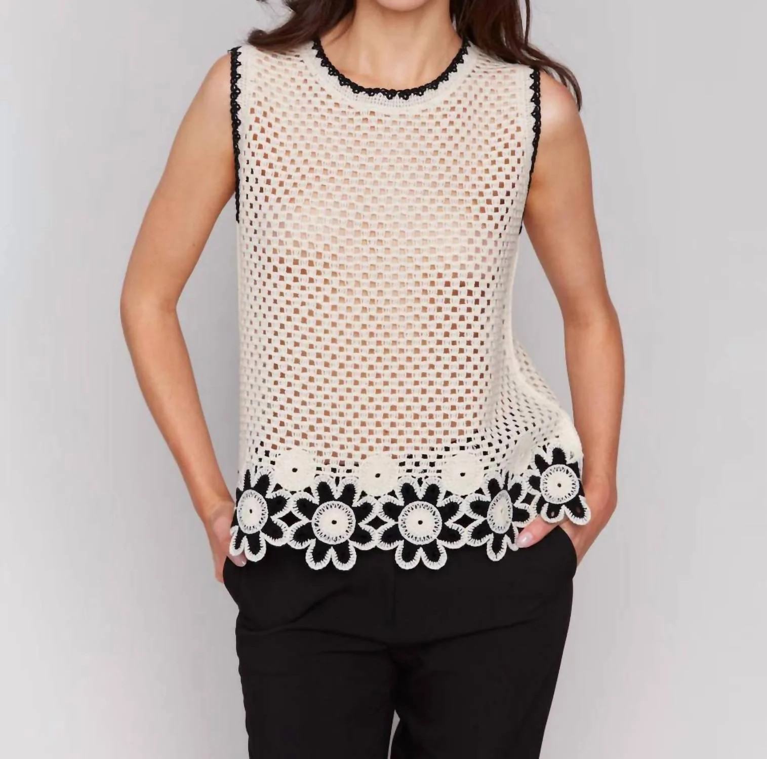 Sleeveless Floral Border Crochet Top In Natural | Shop Simon