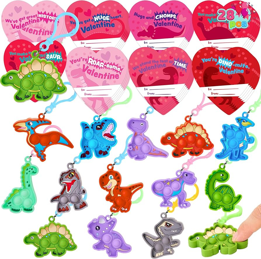JOYIN 28 Packs Valentine's Day Gift Cards with Pop Fidget Keychain Toys, 14 Styles Dinosaur Stres... | Amazon (US)