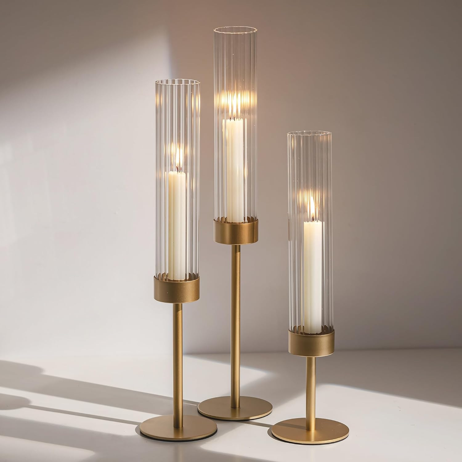Amazon.com: Gold Hurricane Taper Candle Holders: Glasseam 3Pcs Brass Candlestick Holders with Rib... | Amazon (US)