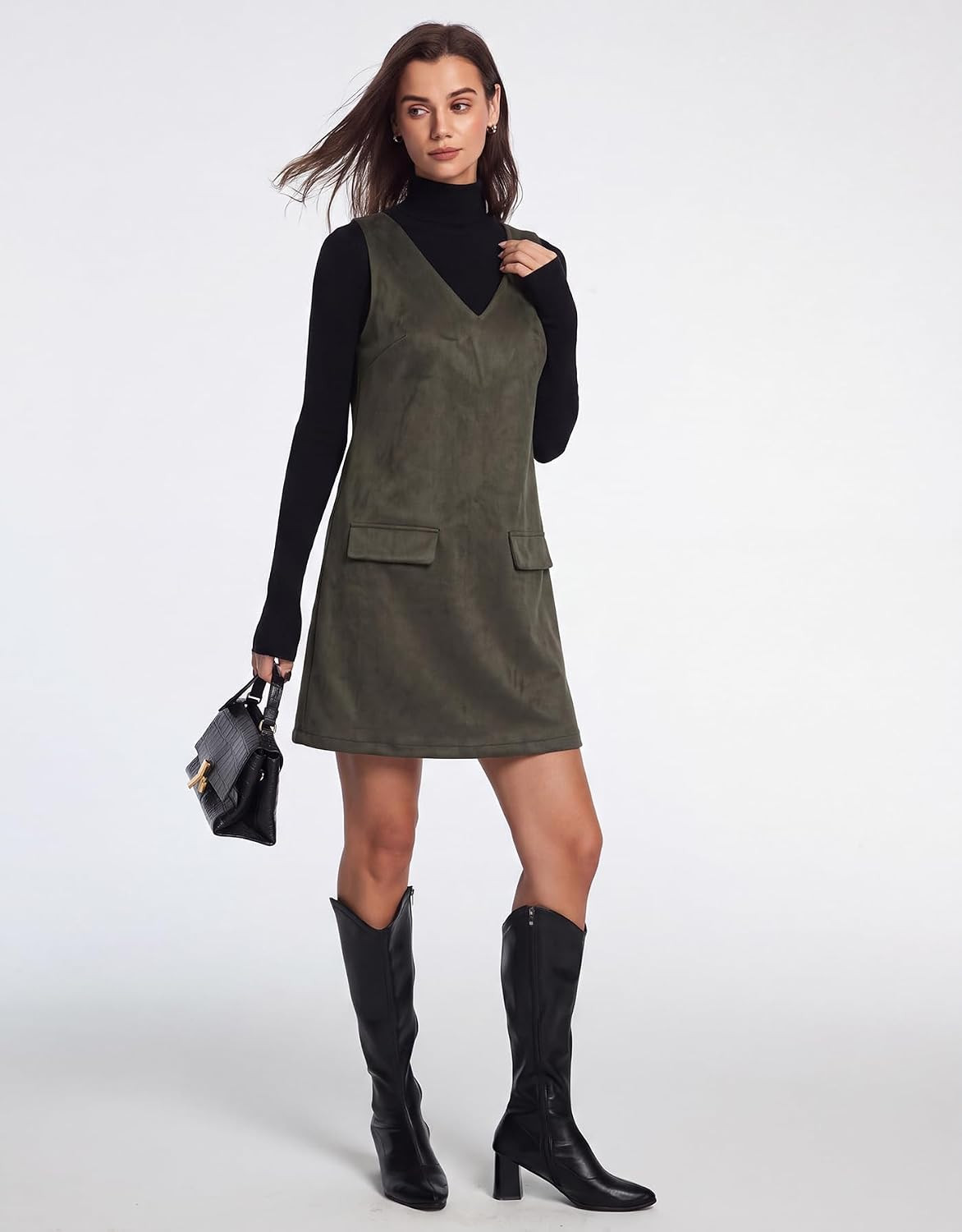 EZAPINE Women Faux Suede Dress V Neck Pinafore Overall Mini Dresses | Amazon (US)