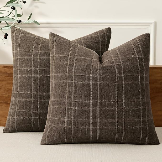 MIULEE Linen Plaid Pillow Covers Fall Decorative 18x18 Dark Coffee | Amazon (US)