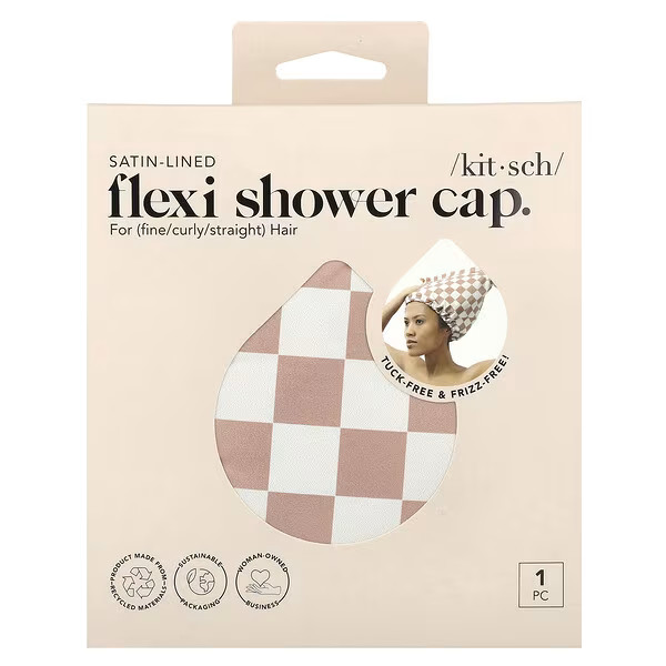 Kitsch, Satin-Lined Flexi Shower Cap, Terracotta Checker, 1 Cap | iHerb