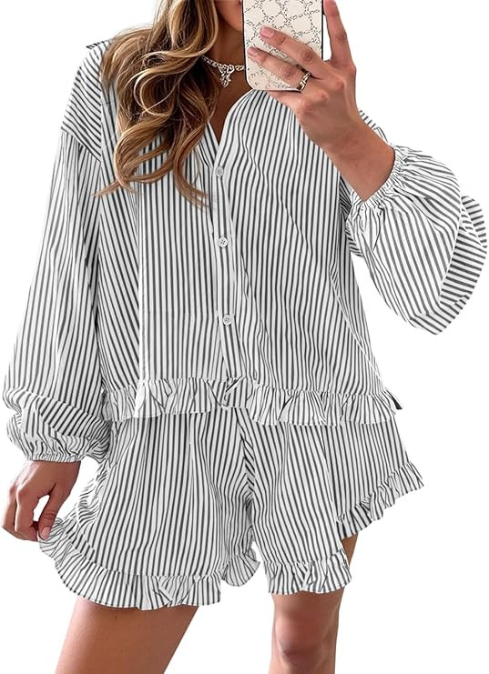 Fisoew Womens Stripe 2 Piece Lounge Sets Button Down Ruffle Shirts Shorts Sets Casual Oversized P... | Amazon (US)