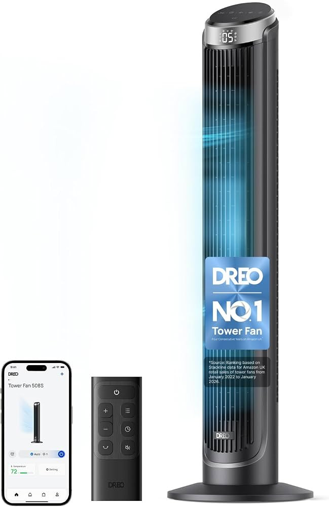 DREO Smart Tower Fan for Bedroom, 90\u00b0 Oscillating 40" Standing Fan, 7.9m/s High-Speed 5 Spee... | Amazon (UK)