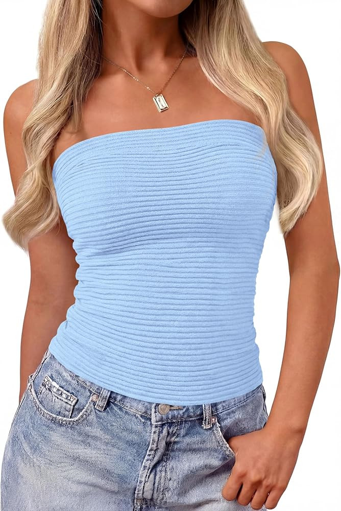 MASCOMODA Strapless Tube Tops for Women Spring 2026 Ribbed Knit Sexy Long Bandeau Tank Top Cute G... | Amazon (US)