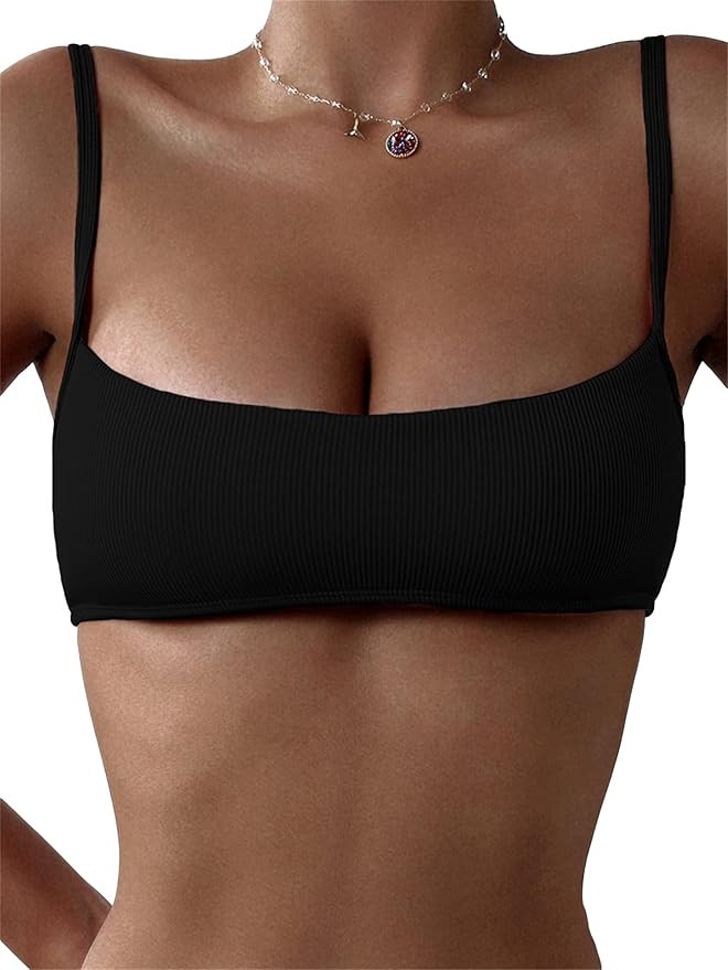 WDIRARA Women's Bandeau Swim Top Spaghetti Strap Ribbed Textured Wireless Bikini Tops | Amazon (US)