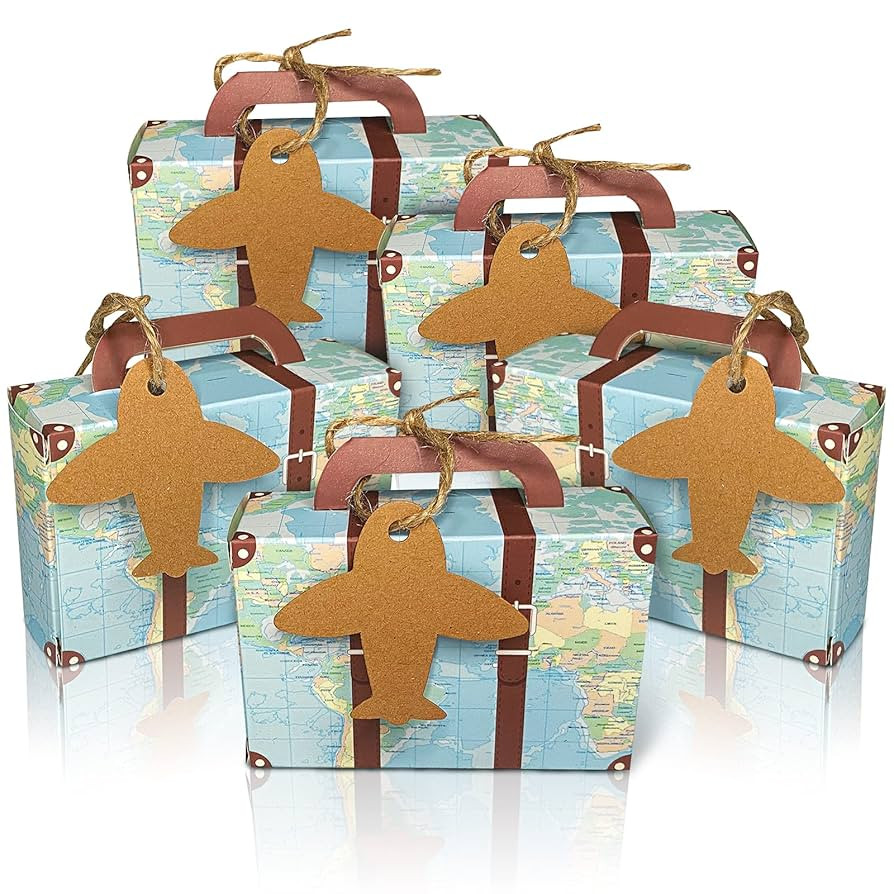 50Pcs Party Favor Candy Box, World Map Mini Suitcase Favor Box, Vintage Kraft Paper with Tags and... | Amazon (US)
