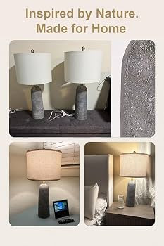 BOBOMOMO 27.25" Modern Table Lamp Set of 2, Gray Resin Lamp with Natural Stone Look, Travertine L... | Amazon (US)