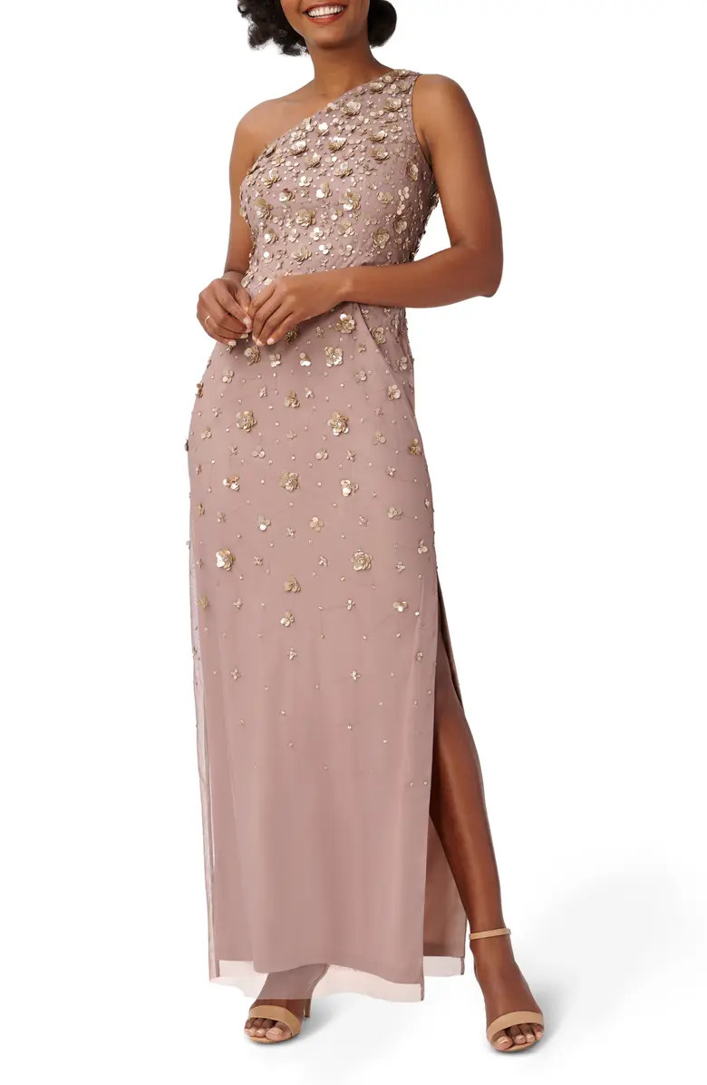 Adrianna Papell 3D Beaded & Sequin One-Shoulder Gown | Nordstrom | Nordstrom
