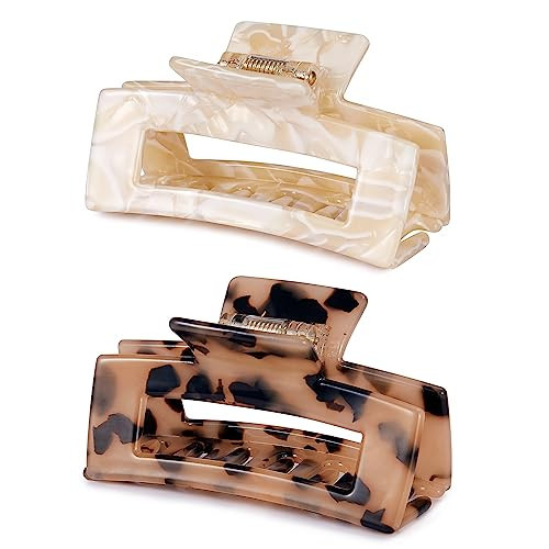 3 inch Hair Claw Clips Cutout Tortoise Shell Celluloid Hair Jaw Clips French Design Rectangle Hair Clamp for Women Ladies Mother (2 Pack) | Amazon (US)
