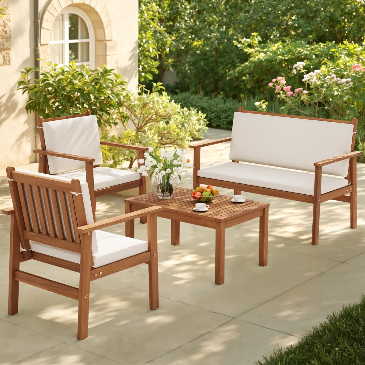 Kovach 4 Pieces Outdoor Acacia Wood Conversation Sets with Cushions,Patio Furniture Sets for Gard... | Wayfair North America