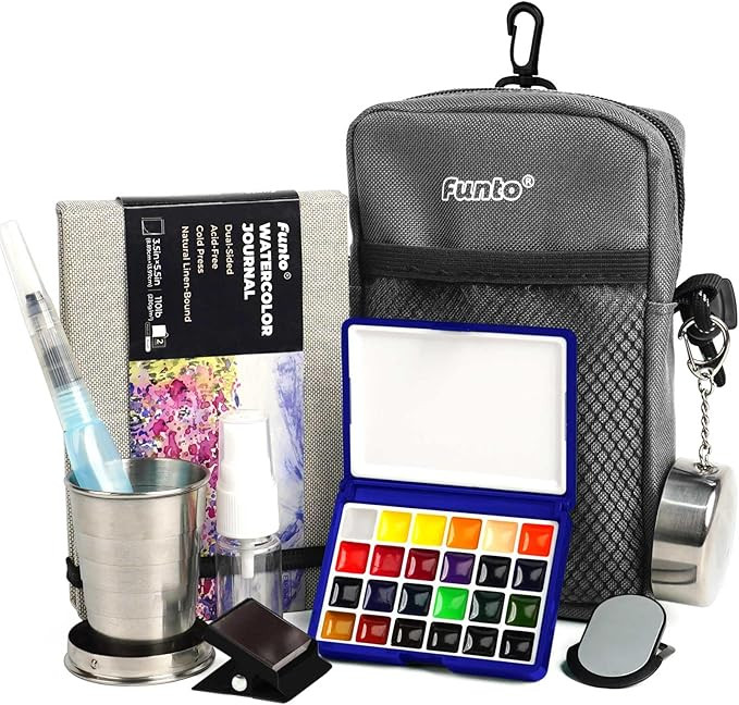Amazon.com: Funto Mini Watercolor Paint Set, All-in-One 24-Color Travel Paint Kit, with Crossbody... | Amazon (US)