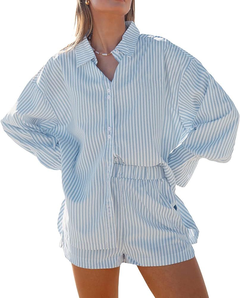Women 2 Piece Casual Outfits Set Long Sleeve Button Down Oversized Shirt High Wasit Shorts Set Tr... | Amazon (US)