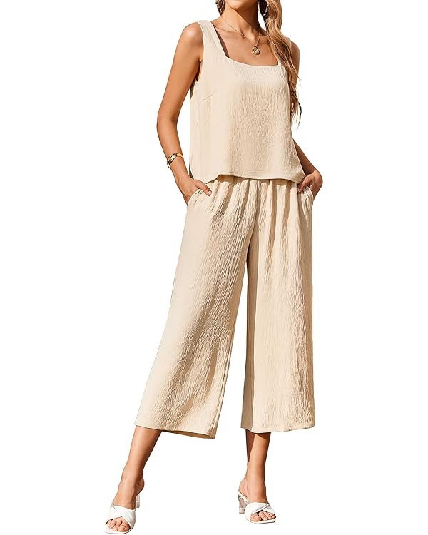 Ekouear Women's 2 Piece Outfits Sleeveless Top Capri Pants Matching Lounge Set Vacation Clothes | Amazon (US)
