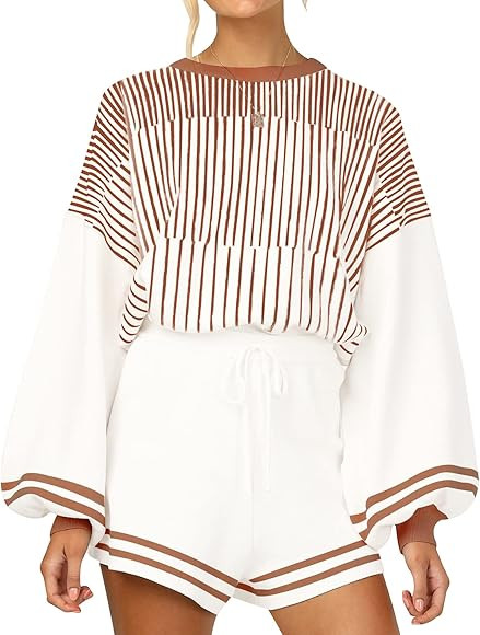 Gihuo Women' s Striped 2 Piece Outfits Crewneck Knit Pullover Sweater Shorts Set | Amazon (US)