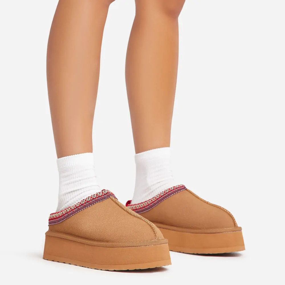 Tazmin Aztec Detail Faux Fur Lining Platform Slipper In Chestnut Faux Suede | EGO Shoes (US & Canada)