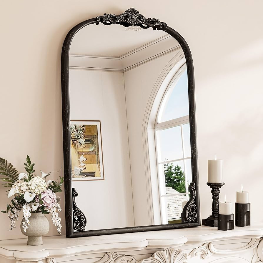 TETOTE Antique Black Arched Mirror for Mantle Fireplace 24 x 36 Baroque Black Vintage Arch Ornate... | Amazon (US)