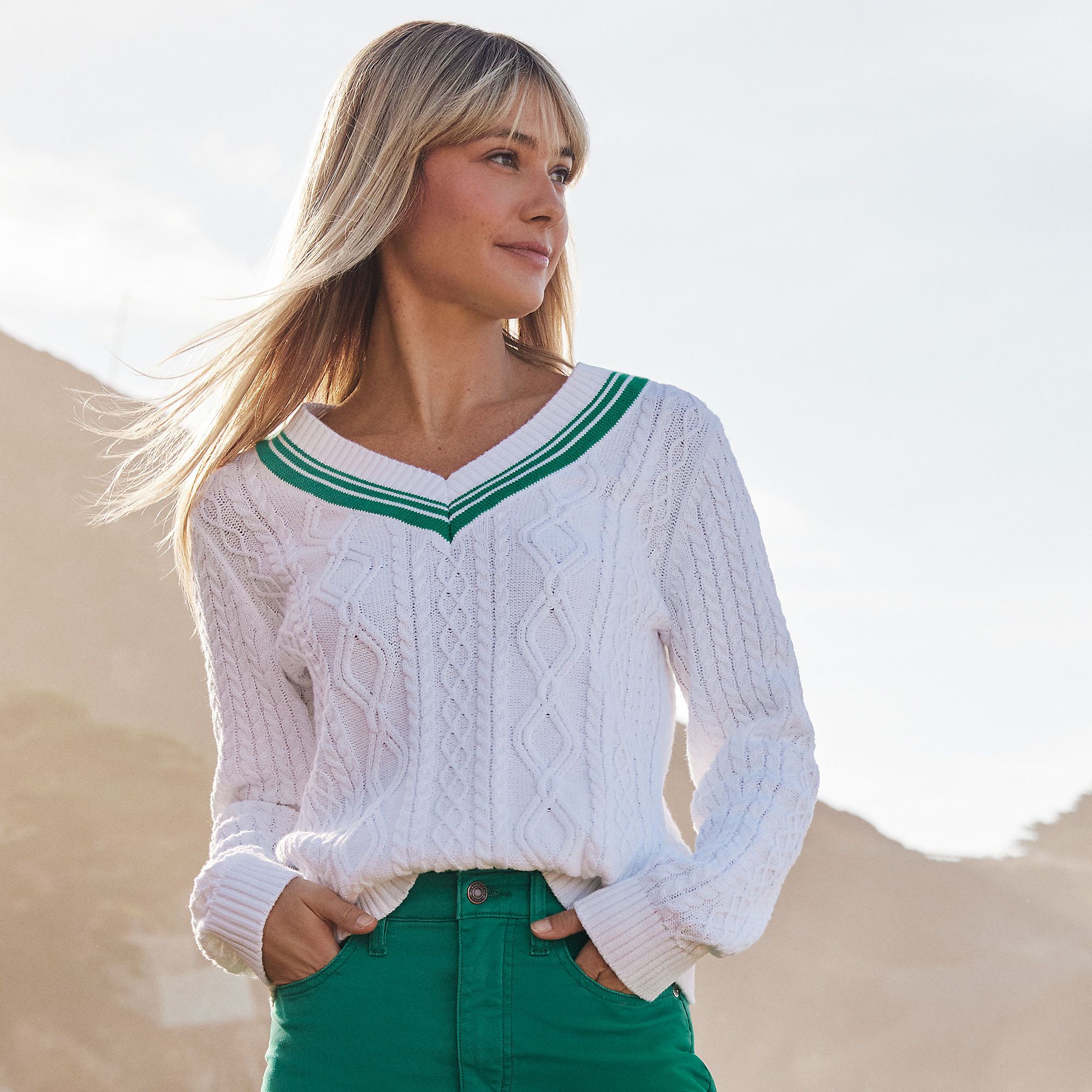 Women's Drifter Cotton V Neck Cable Sweater | Lands' End (US)