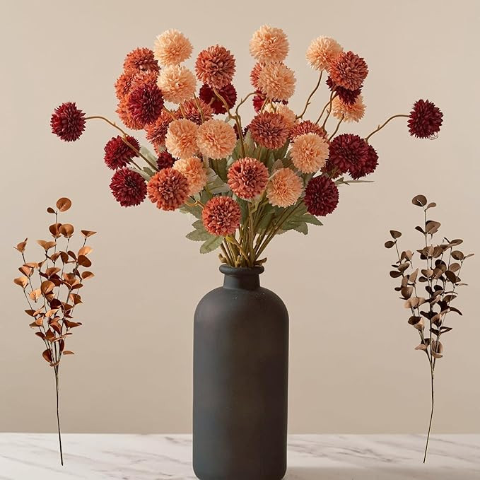 Fall Flowers, Burnt Orange Faux Kiku Flowers Artificial 10 Stems + Eucalyptus, Assorted Fake Silk... | Amazon (US)