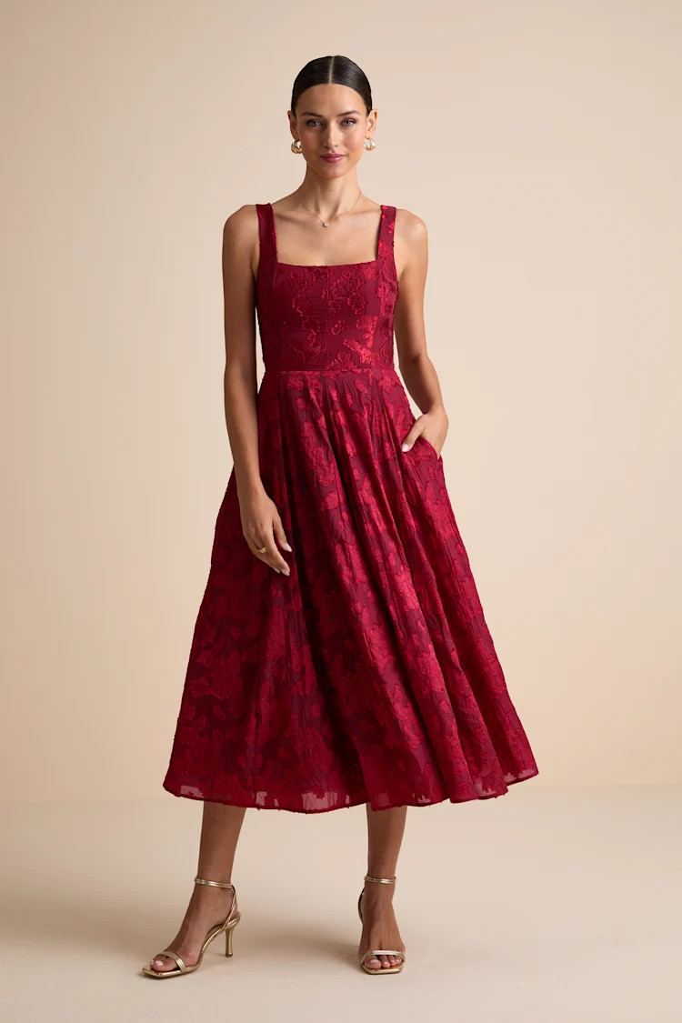 Loira Burgundy Burnout Jacquard Lace-Up Midi Dress | Lulus