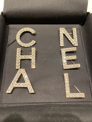 NWT 2019 RUNWAY CHANEL Letter Logo Crystal Pin Brooch Set of 6 SOLD OUT! | eBay US