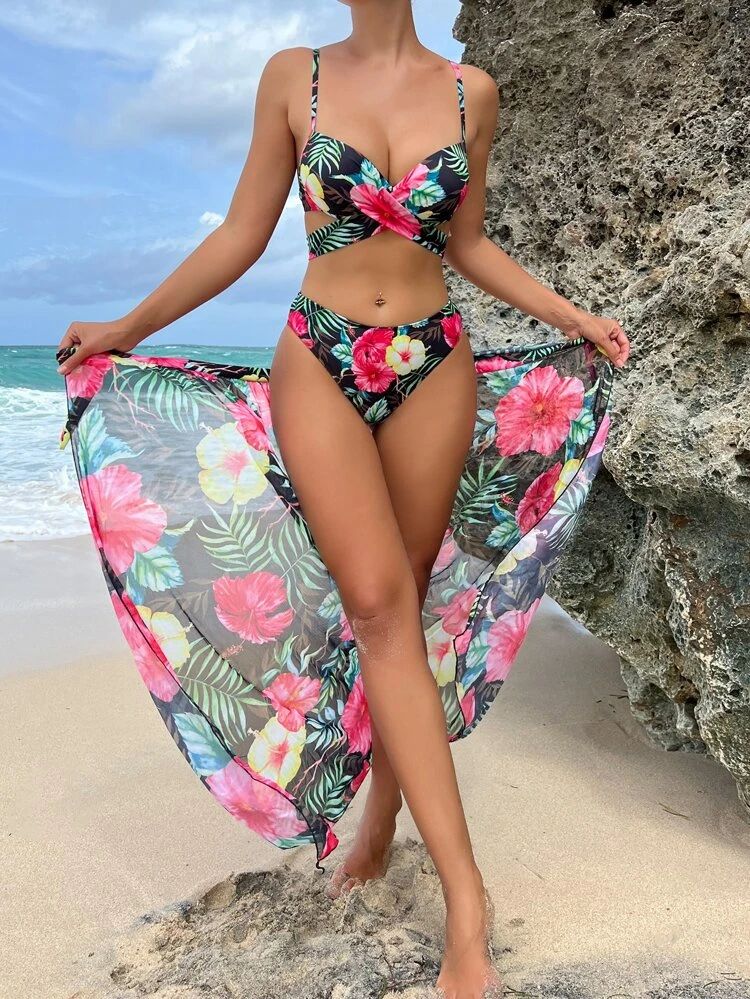 Tropical Print Wrap Bikini Swimsuit With Beach Skirt | SHEIN