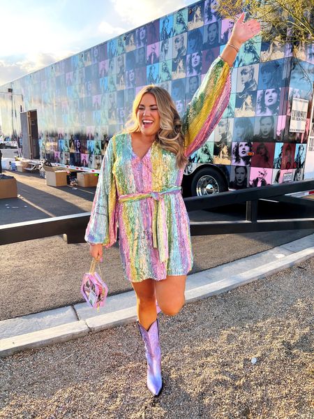 curvy rainbow sequin outfit for the Taylor Swift Eras Tour concert! wearing size xl in dress and size 9 in lilac metallic cowboy boots  

#LTKFind #LTKcurves #LTKshoecrush