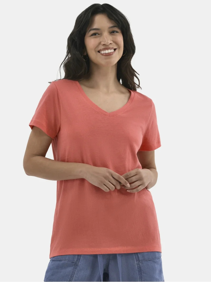 Time and Tru Women's Cotton V-Neck Tee with Short Sleeves, Sizes XS-XXXL - Walmart.com | Walmart (US)