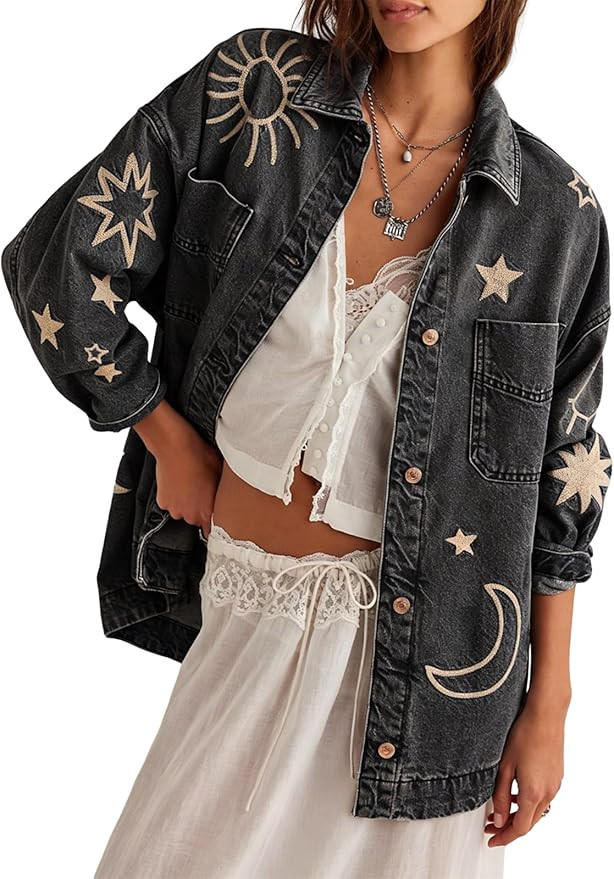 utcoco Women's Vintage Oversized Denim Jacket Embroidered Graphic Casual Loose Fit Button Down Je... | Amazon (US)
