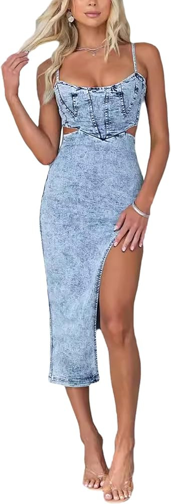 Women's Sexy Spaghetti Straps Slit Denim Dress Cut Out Zip Back Distressed Backless Calf Length J... | Amazon (US)