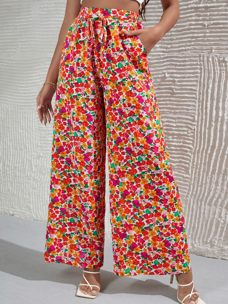 SHEIN Allover Floral Print Belted Wide Leg Pants | SHEIN