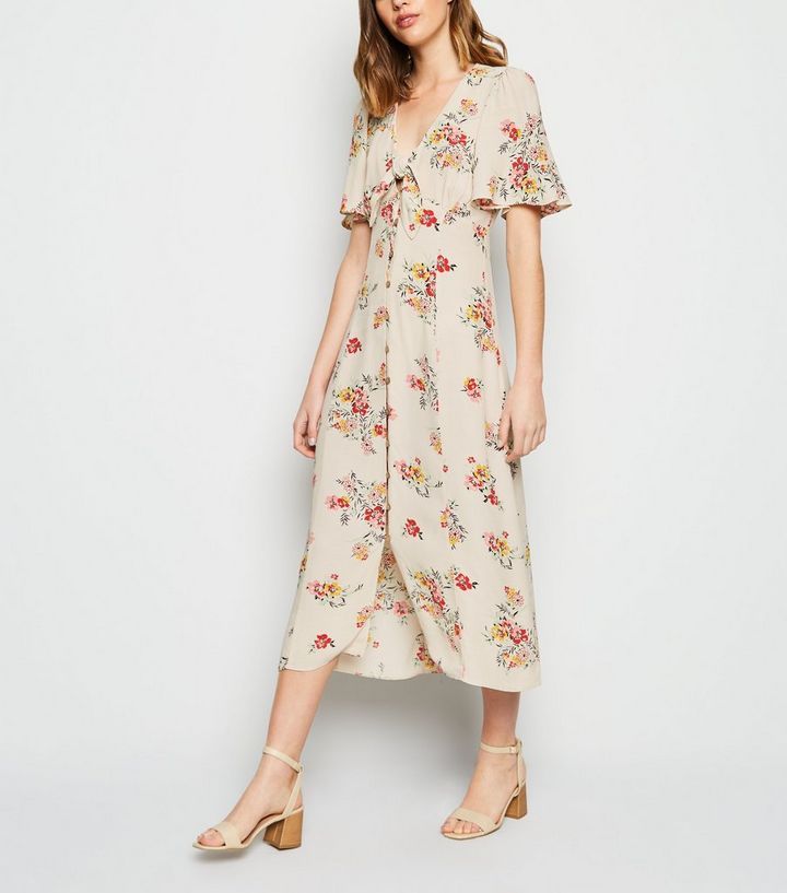 Off White Floral Tie Button Up Midi Dress | New Look | New Look (UK)