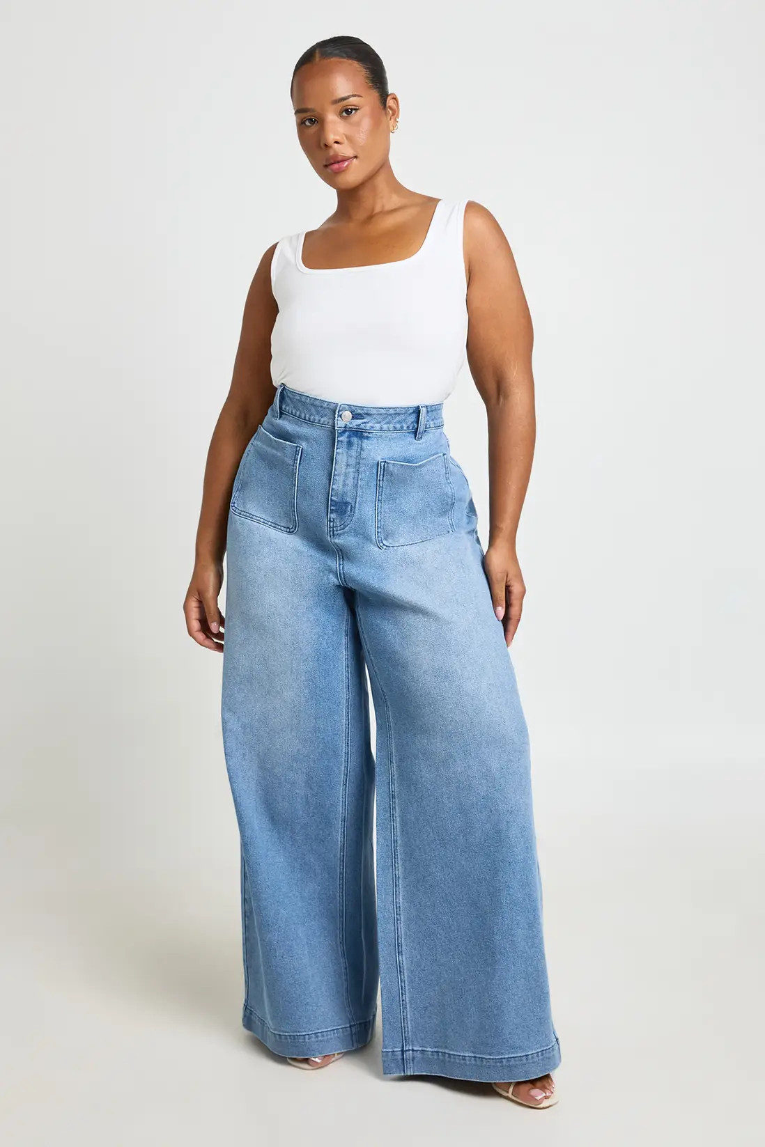 Mid Wash Plus High Waist Front Pocket Wide Leg Jean | Boohoo USA | boohoo (US & Canada)