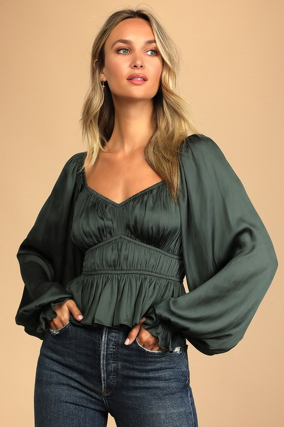 Sophisticate Dark Green Satin Ruched Long Sleeve Top | Lulus