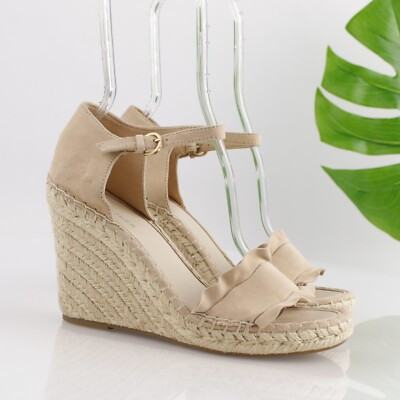 Marc Fisher Womens Kickoff Sandal Size 9 Tan Nude Suede Wedge Platform Ruffle | eBay US