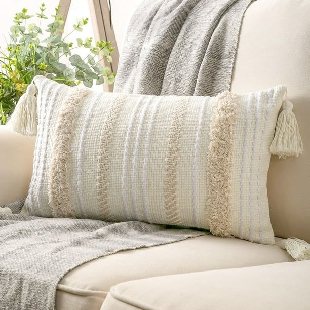 Phantoscope Boho Woven Tufted with Tassel Series Decorative Throw Pillow, 12" x 20", Cream White ... | Walmart (US)