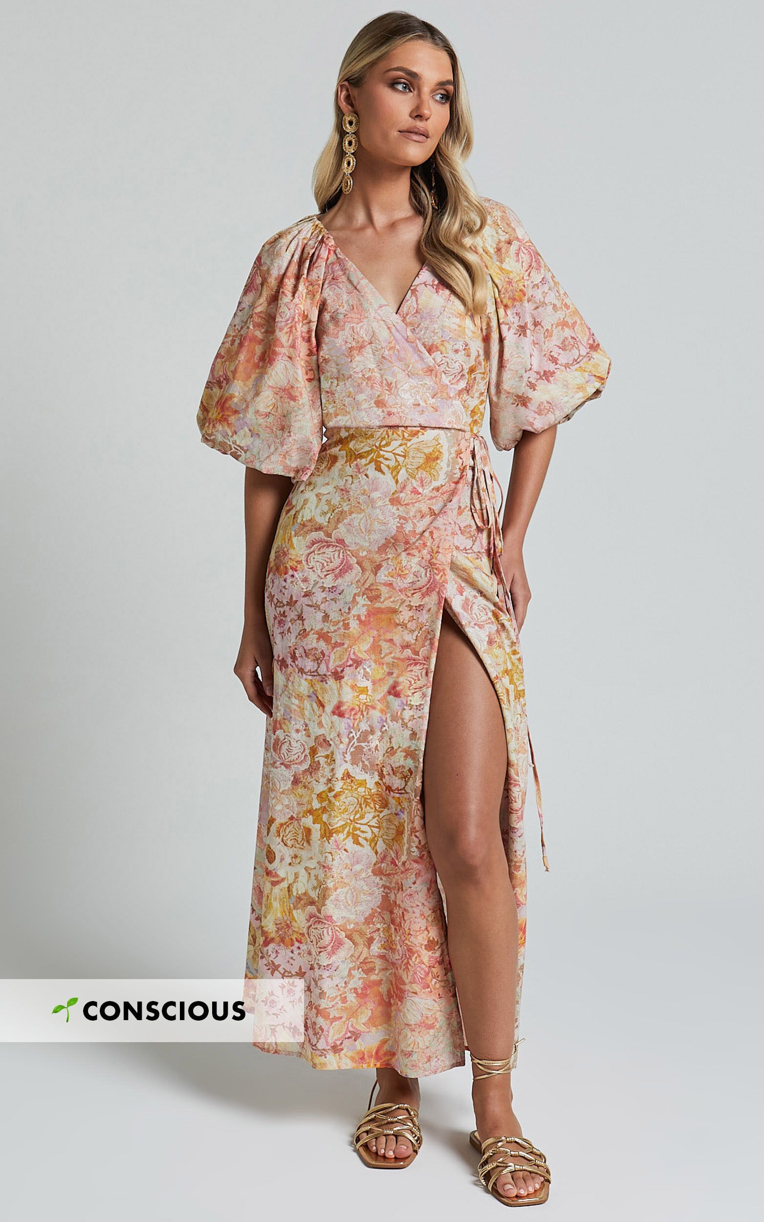 Amalie The Label - Santana Linen Blend Puff Sleeve Wrap Midi Dress in Morocco Print | Showpo (US, UK & Europe)