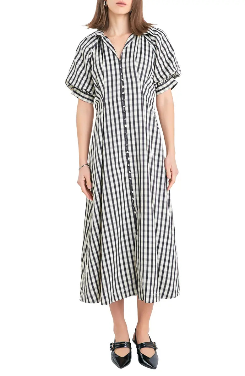 Gingham Puff Sleeve Midi Shirtdress | Nordstrom