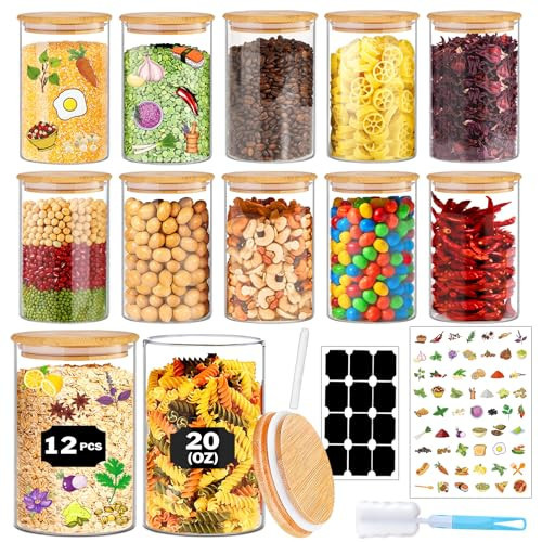 BGraceyy Glass Jars with Bamboo Lids 20 oz, 12 Pcs Stackable Kitchen Glass Pantry Storage Containers with Airtight Bamboo Lids for Rice, Candy, Sugar, Flour, Nuts, Cookie, Bean | Amazon (US)