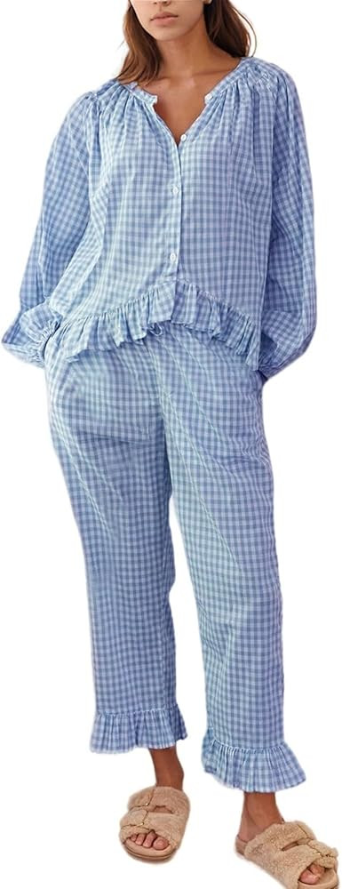 Flygo Womens Plaid Pajamas Sets 2 Piece Cotton Pj Set Puff Sleeve Ruffle Babydoll Shirt Gingham P... | Amazon (US)