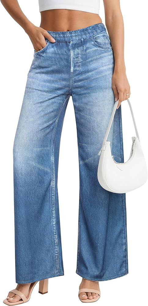 EUYZOU Womens Wide Leg Trendy Jeans Terry Look Like Denim High Waisted Baggy Loose Pants with Poc... | Amazon (US)