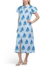 Puff Sleeve Block Striped Printed Midi Dress | TJ Maxx