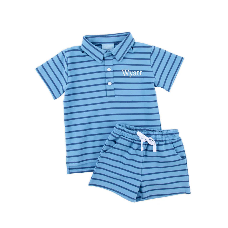 Blue & Navy Stripe Terry Polo Short Set | Classic Whimsy