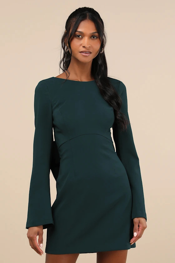 Elegant Cutie Emerald Bow Long Sleeve Backless Mini Dress | Lulus