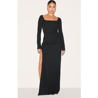 Petite Black Ribbed Long Sleeve Maxi Dress, Black | PrettyLittleThing UK