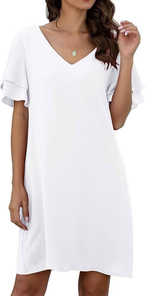 QIXING Women's Summer Casual Loose Mini Dress V-Neck Bell Short Sleeve Shift Dress | Amazon (US)