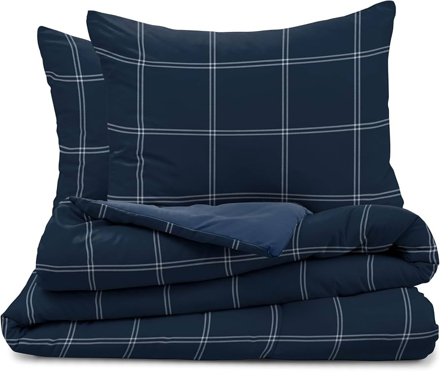 Martex 3-Piece Reversible Comforter Set, Full/Queen, Navy Check | Amazon (US)