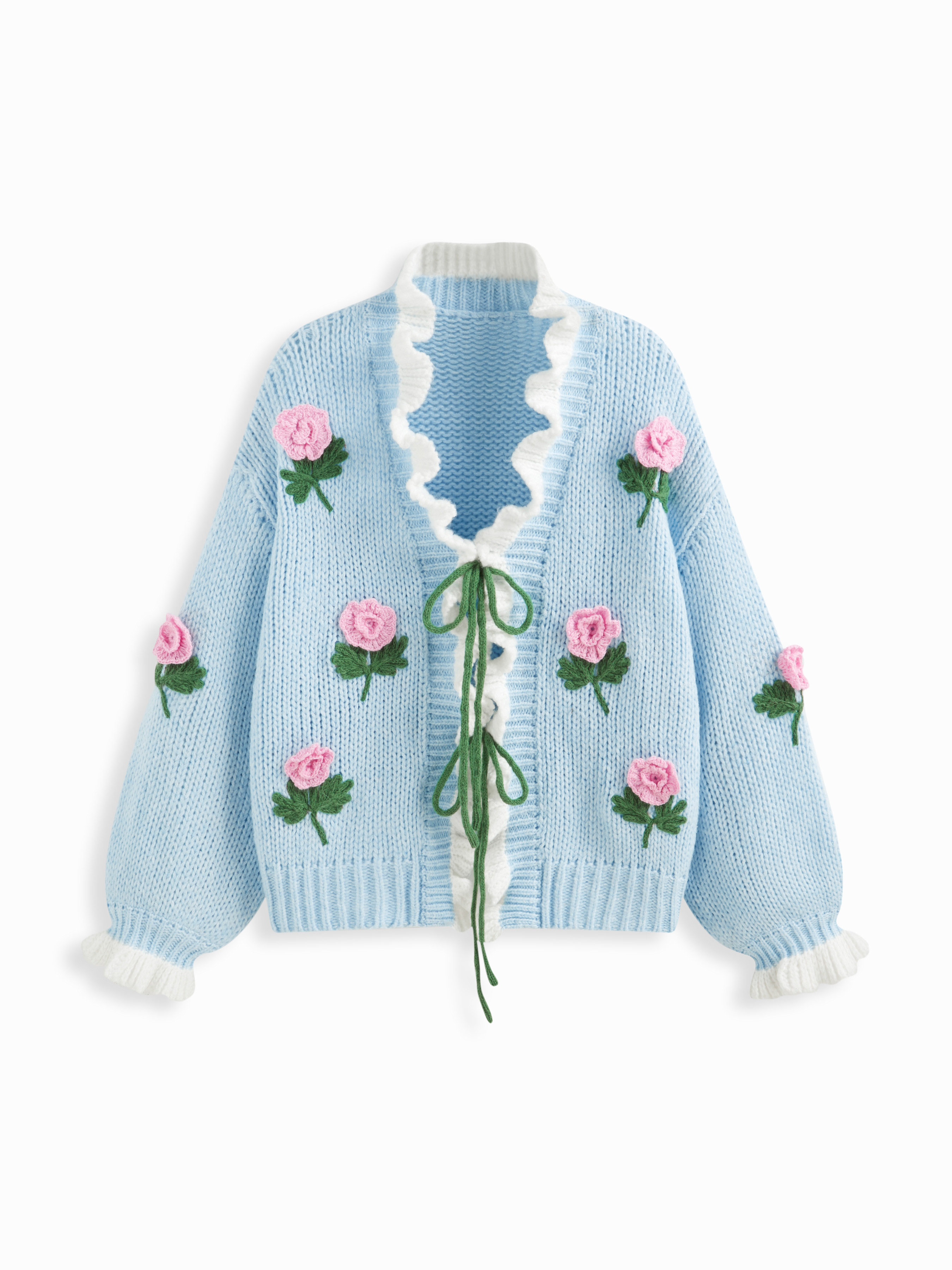 Knit Fabric Knit 3D Floral V-neck Knotted Ruffle Trim Oversized Cardigan For Daily Casual | Cider