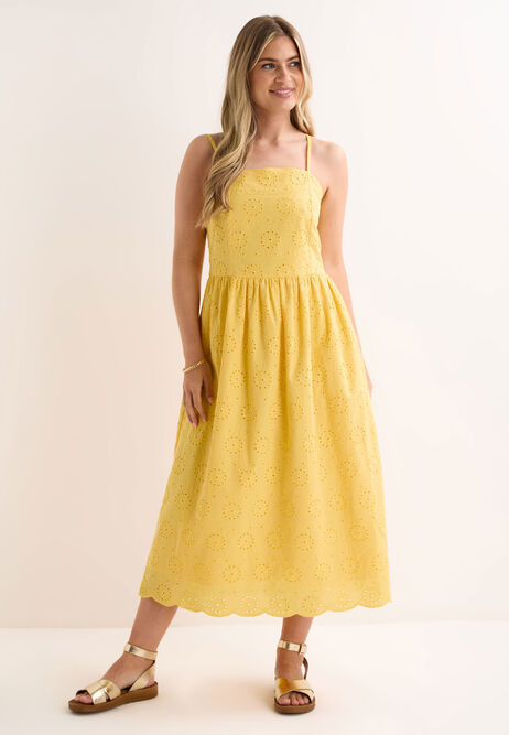 Womens Yellow Broderie Cotton Strappy Dress | Peacocks