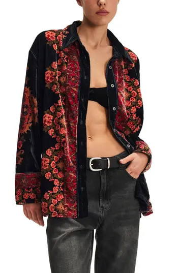 Free People One Night Placed Print Velvet Button-Up Shirt in Night Owl Combo at Nordstrom Rack, Size X-Large | Nordstrom Rack